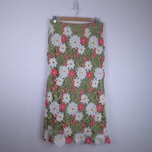 Anewsta NEW Green White Pink Floral Hollow Embroidered Midi Skirt Size XL